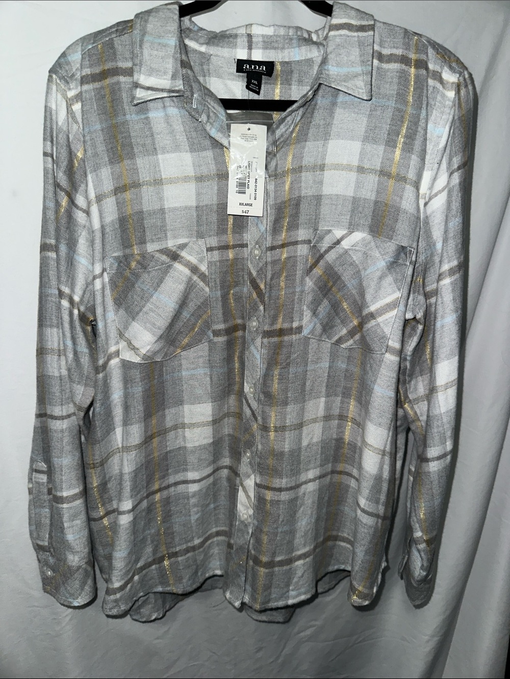 a.n.a Plaid Button-Down Shirt in Gray, White and Gold